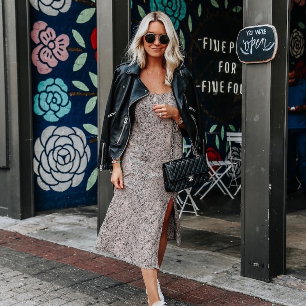 Mango Beige Speckled Slip Dress with Black Leather Jacket